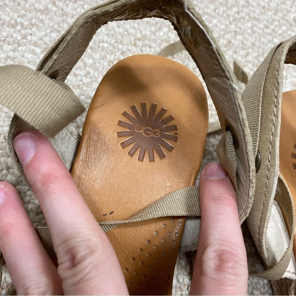 Ugg Tan and Gold Ankle Ribbon Espadrille Wedges